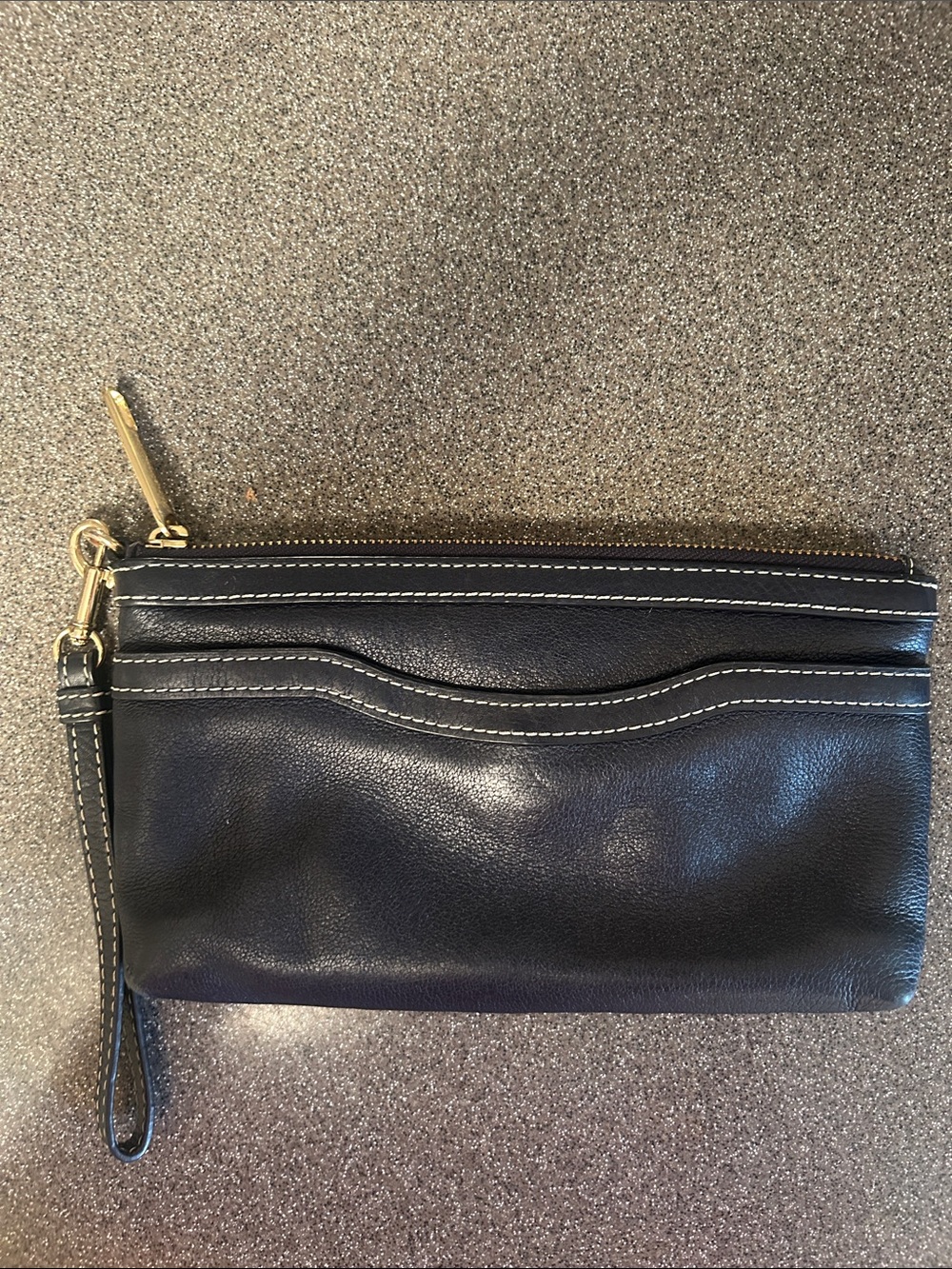 Talbots Black Leather Wristlet Clutch with White Stitching